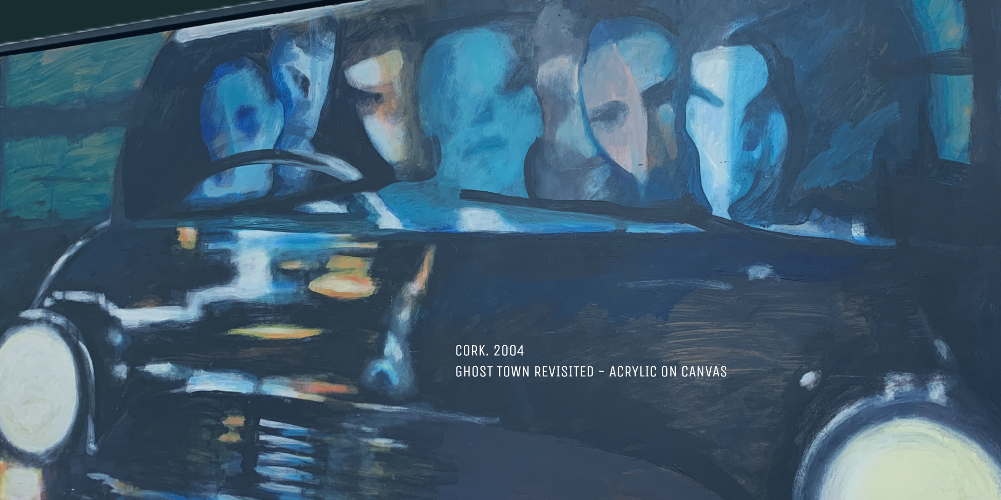 Painting of a still from the video of The Specials single Ghost Town showing the band members behind the screen of an old car at night.