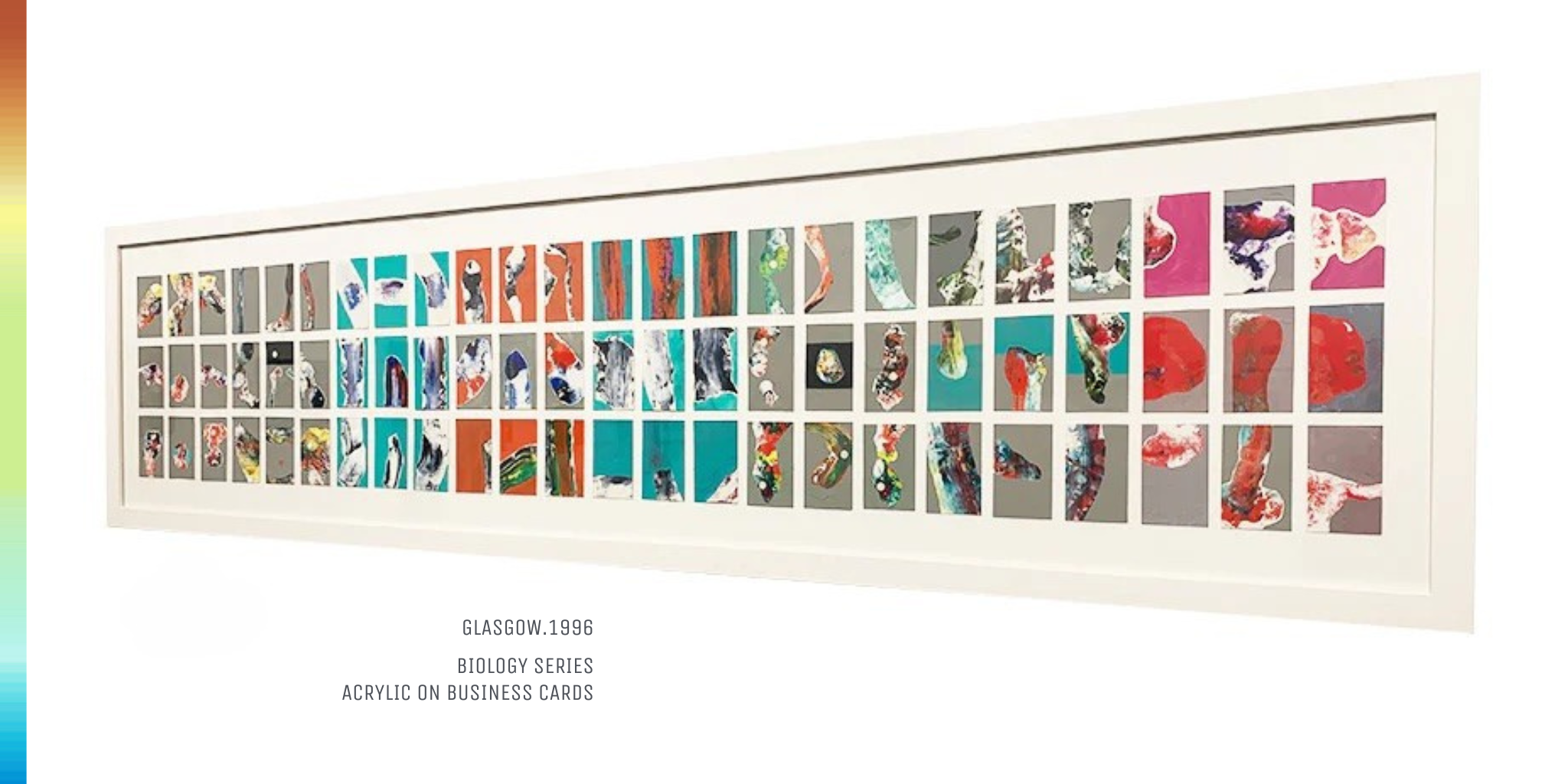 A series of abstract biomorphic images painted on individual business cards.